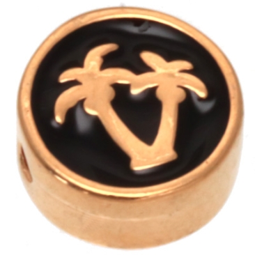 Perle métallique ronde avec motif de palmier, diamètre 9,0 mm, dorée et émaillée en noir