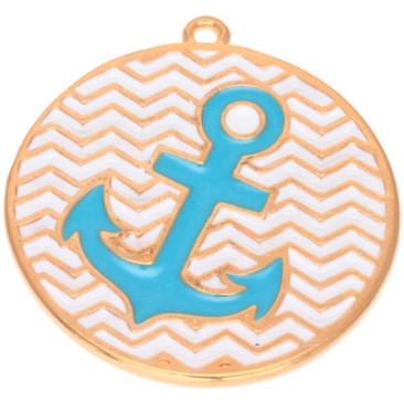 Metal pendant round with anchor, diameter 30 mm, gold-plated, turquoise enamelled