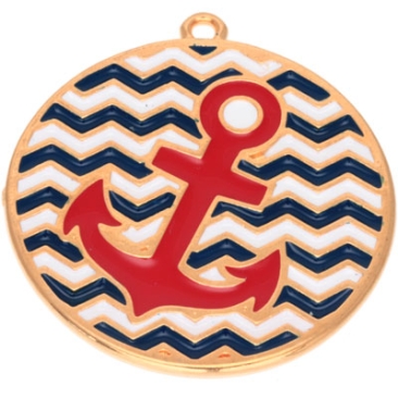 Metal pendant round with anchor, diameter 30 mm, gold-plated, red enamelled