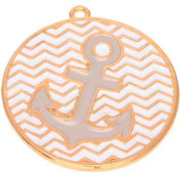 Metal pendant round with anchor motif, diameter 30 mm, gold-plated and enamelled grey