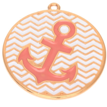 Metal pendant round with anchor motif, diameter 30 mm, gold-plated and pink enamelled