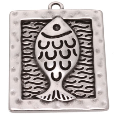 Pendentif métal rectangulaire, motif poisson, 40 x 30 mm, argenté