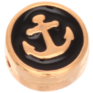 Metal bead round with anchor motif, diameter 9.0 mm, gold plated and black enamelled