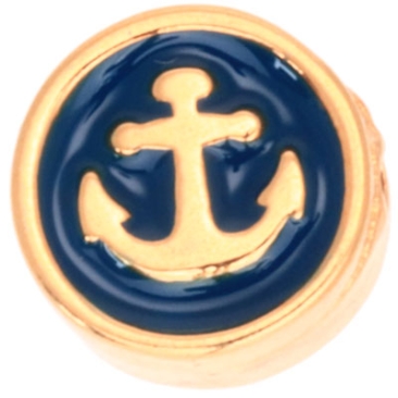 Metal bead round with anchor motif, diameter 9.0 mm, gold plated and blue enamelled