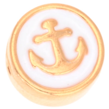 Metal bead round with anchor motif, diameter 9.0 mm, gold plated and white enamelled