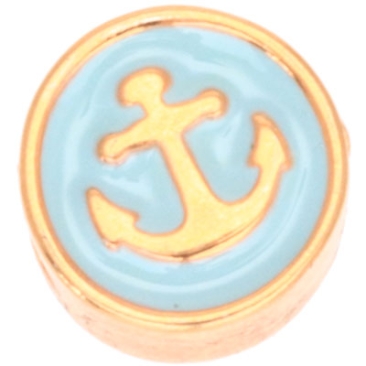 Metal bead round with anchor motif, diameter 9.0 mm, gold plated and light blue enamelled