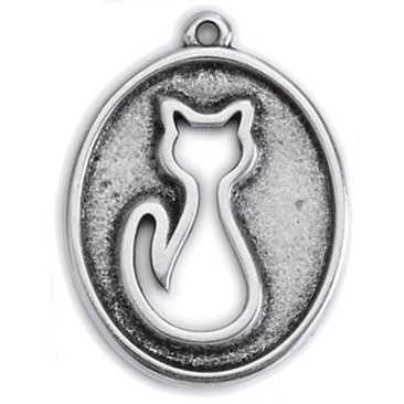 Metal pendant cat, oval, 33.5 x 25 mm, silver-plated