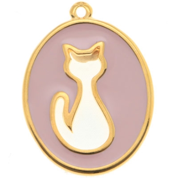Metallanhänger Katze, oval, 33,5 x 25 mm, vergoldet, rosa emailliert