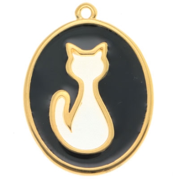 Pendentif métal chat, ovale, 33,5 x 25 mm, doré, émaillé noir