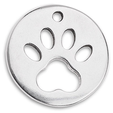 Metal pendant round, with paw, 15 mm, silver plated