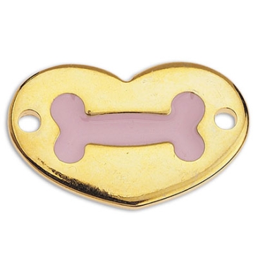 Bracelet connector heart, with bone, 20.5 x 13 mm, gold-plated, pink enamelled