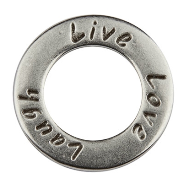 Pendentif métal disque "Live, Laugh, Love", 20 mm, argenté