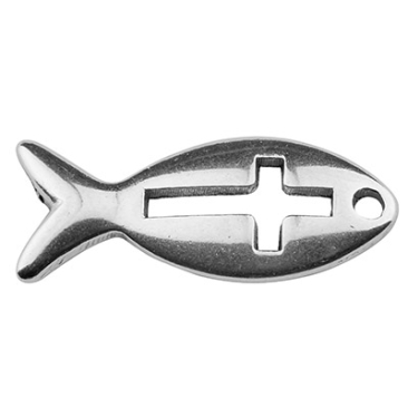 Metal pendant fish with cross, 21 x 9 mm, silver-plated