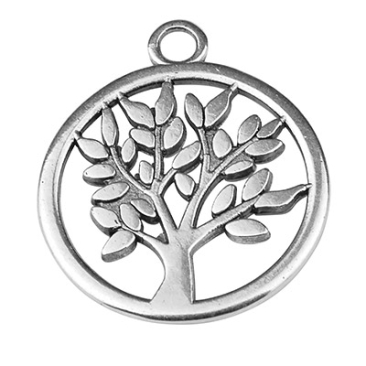 Metal pendant round with tree, 19.5 x 16.5 mm, silver-plated