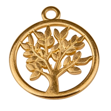 Metal pendant round with tree, 19.5 x 16.5 mm, gold-plated