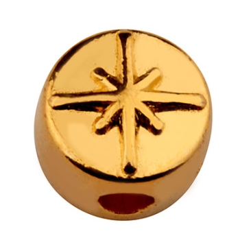 Metallperle Rund, Motiv Nautischer Stern, Durchmesser 7 mm, vergoldet