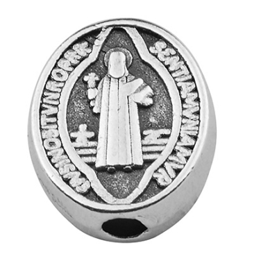 Metal bead oval, motif cross and Jesus, 8 x 10 mm, silver-plated