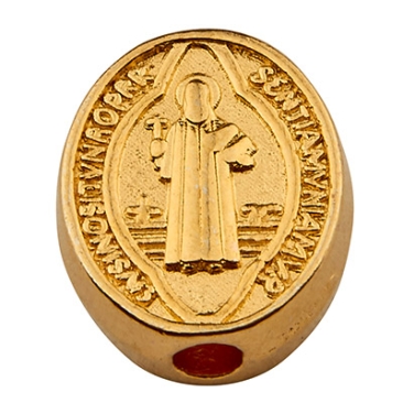 Metallperle Oval, Motiv Kreuz und Jesus, 8 x 10 mm, vergoldet
