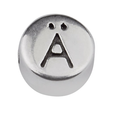 Metal bead, round, letter Ä, diameter 7 mm, silver plated