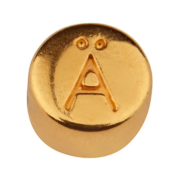 Metalen kraal, rond, letter Ä, diameter 7 mm, verguld