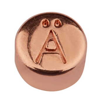 Metalen kraal, rond, letter Ä, diameter 7 mm, roségoud verguld