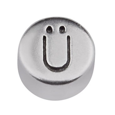 Metal bead, round, letter Ü, diameter 7 mm, silver plated