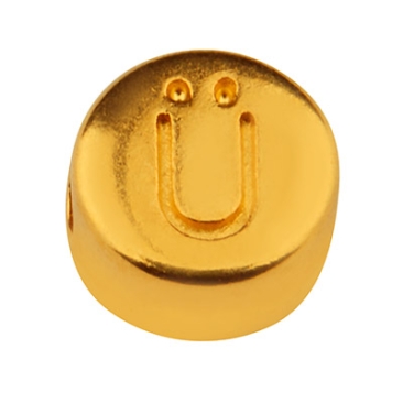 Metalen kraal, rond, letter Ü, diameter 7 mm, verguld
