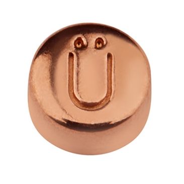 Metalen kraal, rond, letter Ü, diameter 7 mm, roségoud verguld