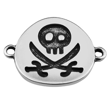 Bracelet connector round with pirate flag, 22 x 17mm, silver plated