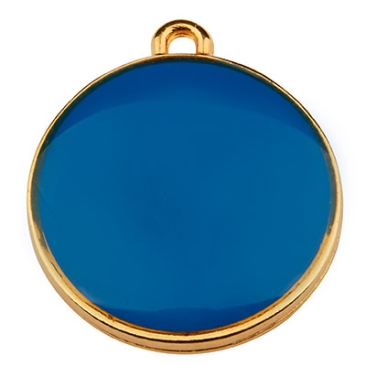 Metalen hanger rond, diameter 19 mm, blauw email, verguld