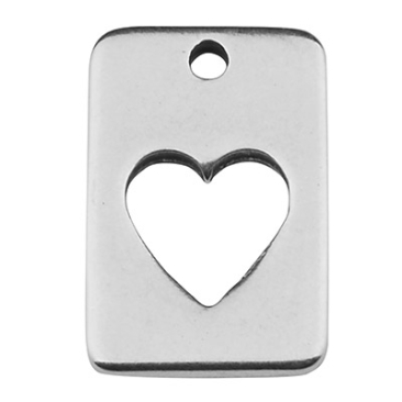 Metal pendant square with heart, 15 x 9.5 mm, silver-plated