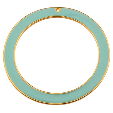 Metalen hanger ring, diameter 55 mm, met 2 gaten, aqua geëmailleerd, verguld
