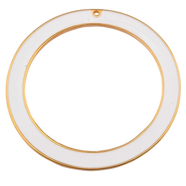 Metalen hanger ring, diameter 55 mm, met 2 gaten, wit email, verguld