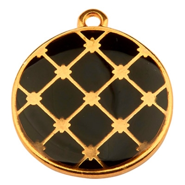 Metal pendant round, diameter22 mm, black enamel, gold plated