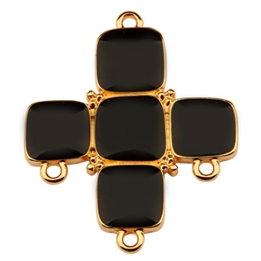 Metallanhänger Kreuz mit drei Ösen,34 x 28 mm, schwarz emailliert, vergoldet