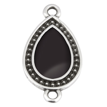 Bracelet connector drop, 22 x 12 mm, silver-plated, black enamelled