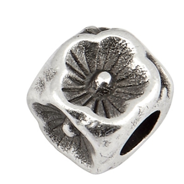 Perle en métal, cube avec fleur, 5 mm, diamètre du trou 2,8 mm, argenté