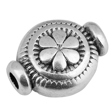 Metal bead round with flower, 10 x 8 mm, hole diameter 1.8 mm, silver-plated