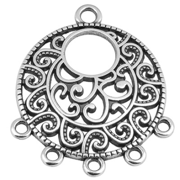 Metal pendant round, ethnic, 28 mm, silver-plated with 5 eyelets