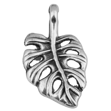 Metal pendant leaf, 10 x 18 mm, silver-plated