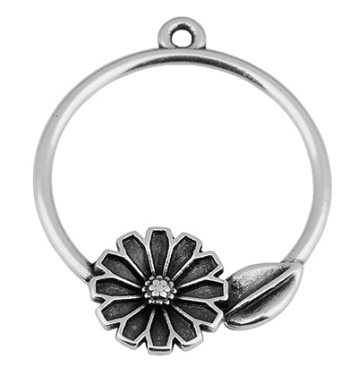 Metal pendant round with flowers, 22 x 25 mm, silver plated