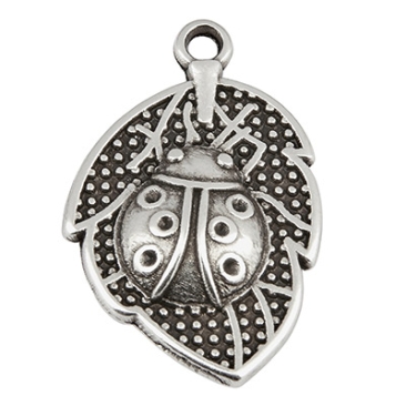 Metal pendant leaf, ladybird, 15 x 20 mm, silver-plated