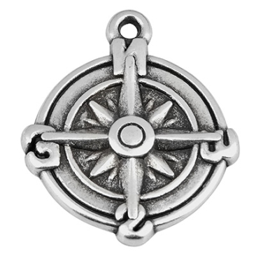 Metal pendant round, compass, 18 mm, silver-plated