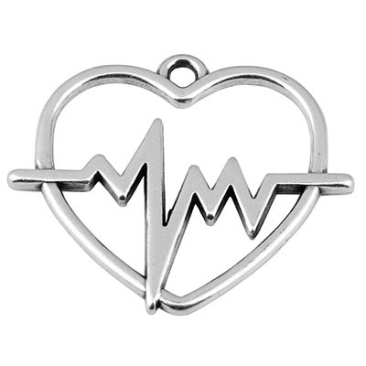 Metal pendant heartbeat, 30 x 24 mm, silver-plated