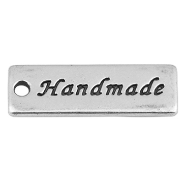 Metalen hanger "Handmade", 17 x 6 mm, gatdiameter 1,3 mm, verzilverd