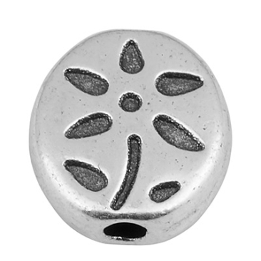 Metallperle Oval mit Blume, 7 x 8 mm, Lochdurchmesser 1,4 mm, versilbert