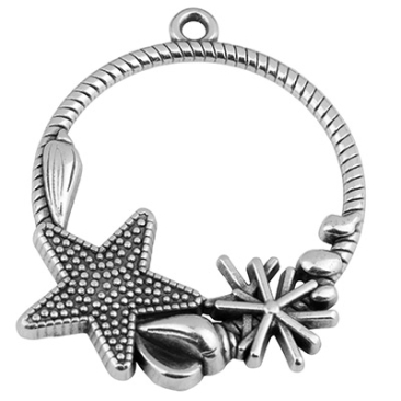 Pendentif métal rond avec coquillage et étoile de mer, 33 mm, argenté