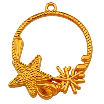 Pendentif métal rond avec coquillage et étoile de mer, 33 mm, doré
