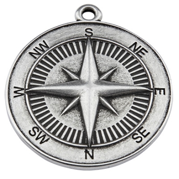 Metalen hanger kompas, 38,5 x 34 mm, verzilverd