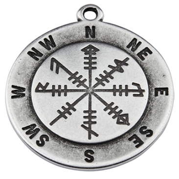 Metal pendant compass, 38 x 34 mm, silver-plated
